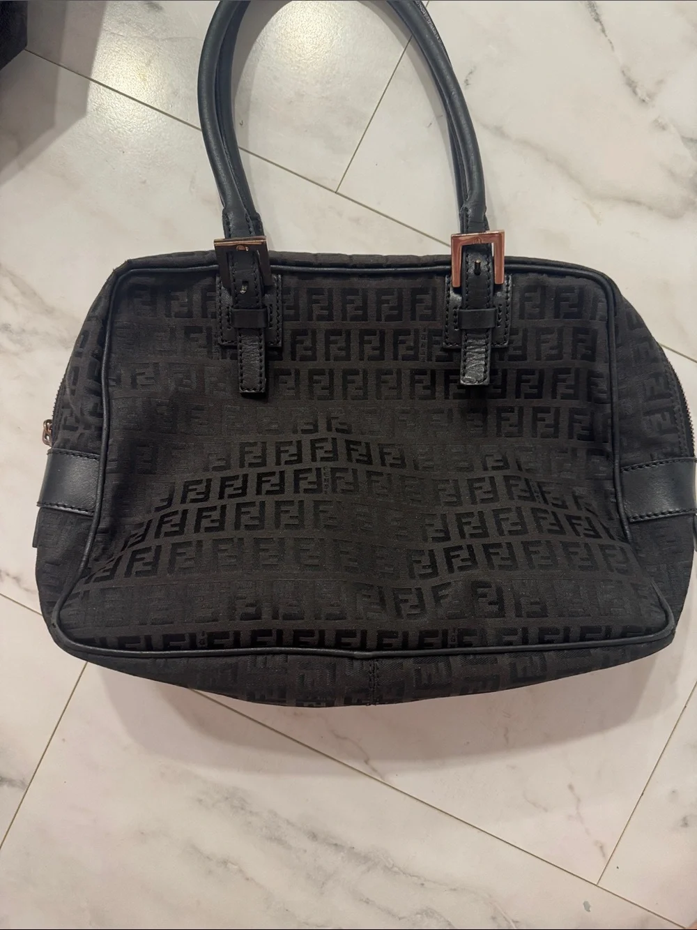 Fendi Black Zucca Shoulder Bag with Leather Trim Vintage
